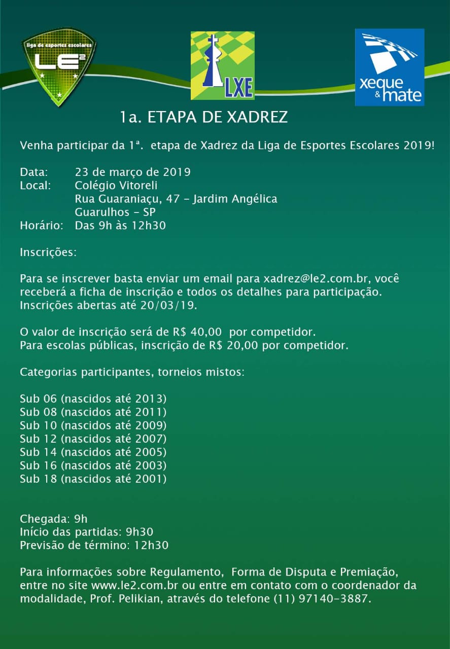 ♟️ Esportes: 2ª etapa de xadrez da Liga Escolar Guarulhense acontece neste  sábado (2)